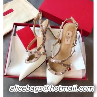 Super Quality Valentino Rockstud Patent Leather Cross Strap Slingback Pumps 90MM Powder 062401 White