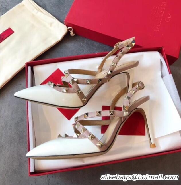 Super Quality Valentino Rockstud Patent Leather Cross Strap Slingback Pumps 90MM Powder 062401 White