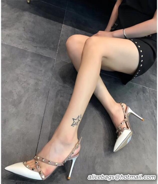 Super Quality Valentino Rockstud Patent Leather Cross Strap Slingback Pumps 90MM Powder 062401 White