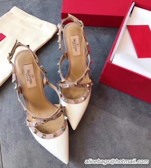 Super Quality Valentino Rockstud Patent Leather Cross Strap Slingback Pumps 90MM Powder 062401 White