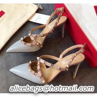 Super Quality Valentino Rockstud Patent Leather Cross Strap Slingback Pumps 90MM 062401 Light Blue