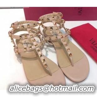 Hot Style Valentino Rockstud Flat Thong Sandal in Black/Nude Leather 072061 Nude