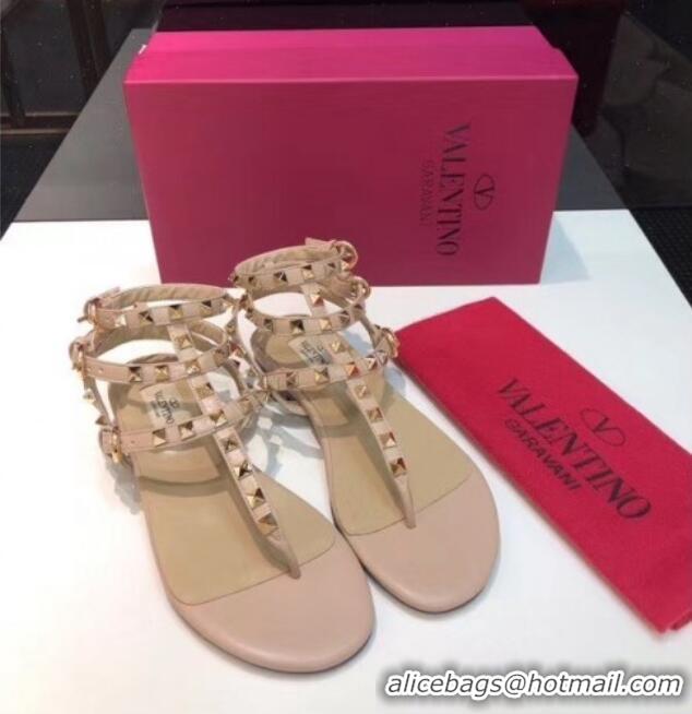 Hot Style Valentino Rockstud Flat Thong Sandal in Black/Nude Leather 072061 Nude