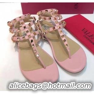 Good Product Valentino Rockstud Flat Thong Sandal in Leather 072061 Pink