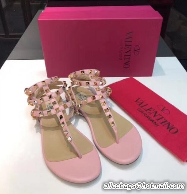 Good Product Valentino Rockstud Flat Thong Sandal in Leather 072061 Pink