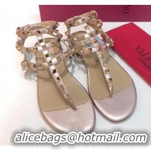 Top Design Valentino Rockstud Flat Thong Sandal in Leather 072061 champagne