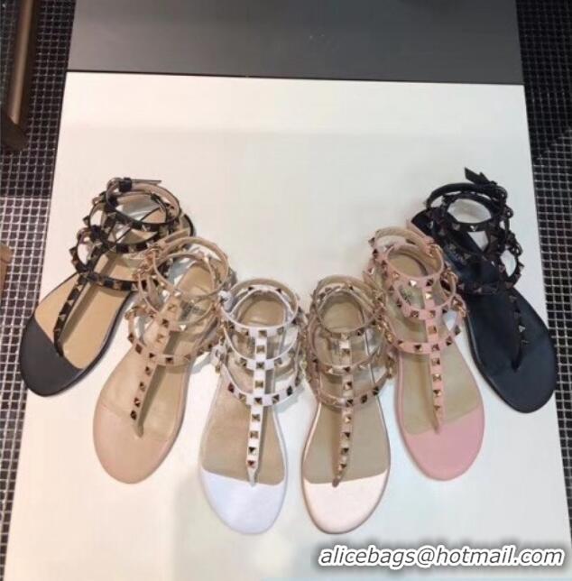 Top Design Valentino Rockstud Flat Thong Sandal in Leather 072061 champagne