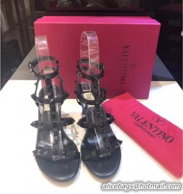 Low Cost Valentino Leather Rockstud Sandal With 6.5CM Heel 072066 Black