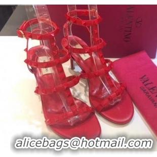 Good Quality Valentino Leather Rockstud Sandal With 6.5CM Heel 072066 Red