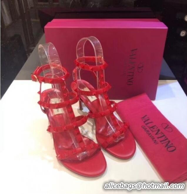 Good Quality Valentino Leather Rockstud Sandal With 6.5CM Heel 072066 Red