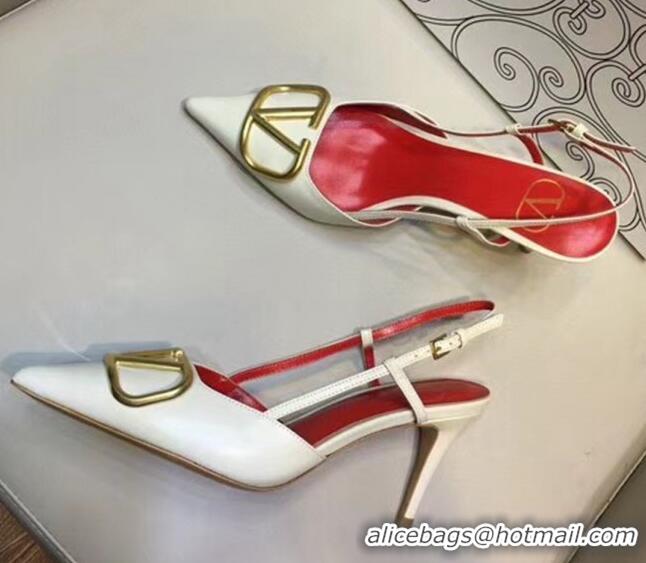 Unique Style Valentino VLogo Lambskin Leather Slingback 8cm Mid-Heel Pump 072070 White