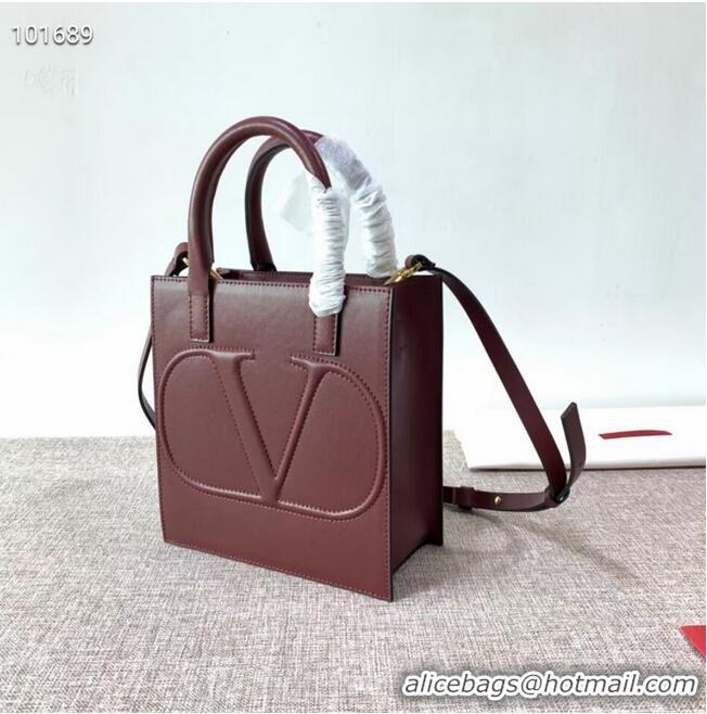 Top Design VALENTINO Origianl leather tote V2022 oxblood red