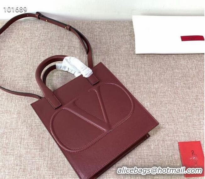 Top Design VALENTINO Origianl leather tote V2022 oxblood red