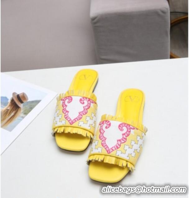 Top Quality Valentino Print Fringe Flat Slide Sandals 081701 Yellow