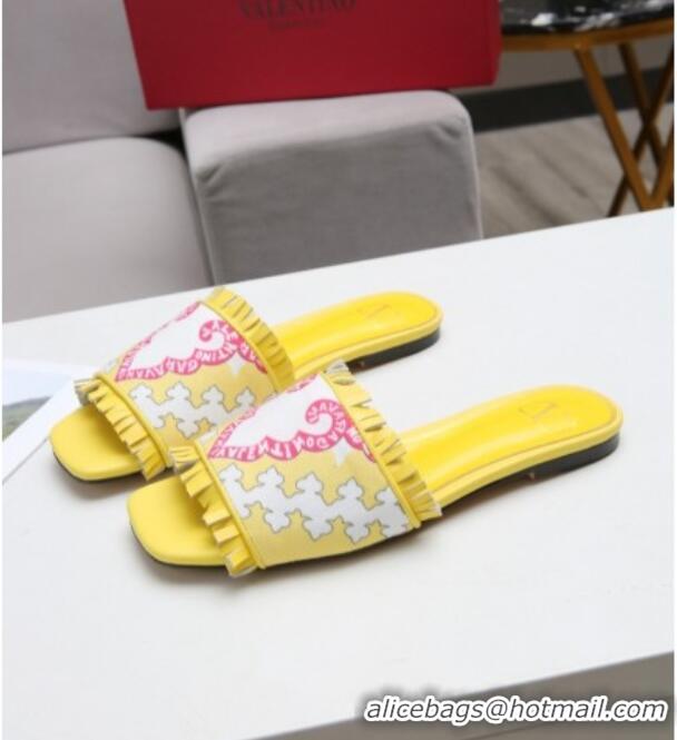 Top Quality Valentino Print Fringe Flat Slide Sandals 081701 Yellow