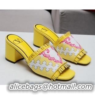 Low Cost Valentino Print Fringe Medium Heel Slide Sandals 081702 Yellow