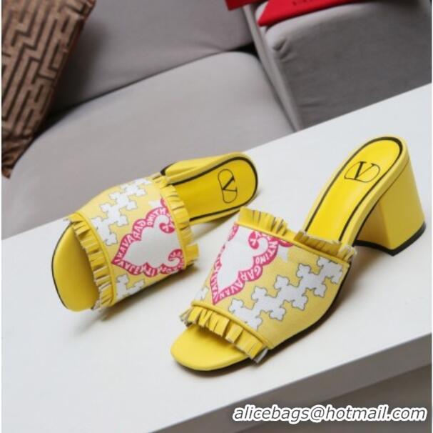 Low Cost Valentino Print Fringe Medium Heel Slide Sandals 081702 Yellow