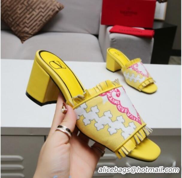 Low Cost Valentino Print Fringe Medium Heel Slide Sandals 081702 Yellow