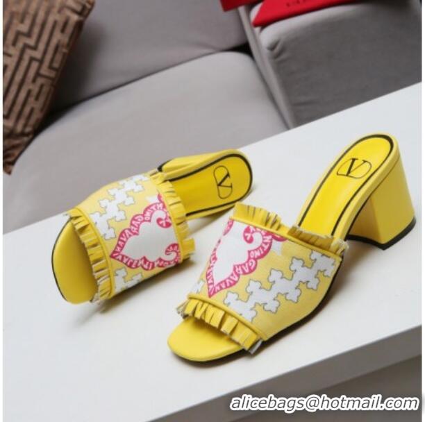 Low Cost Valentino Print Fringe Medium Heel Slide Sandals 081702 Yellow