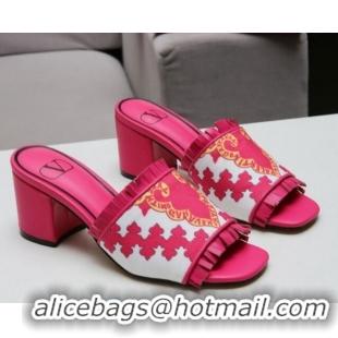 Super Quality Valentino Print Fringe Medium Heel Slide Sandals 081702 Pink