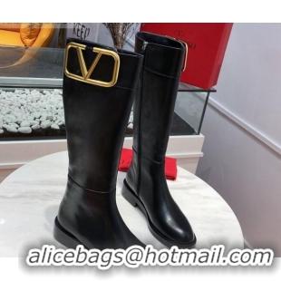 Best Design Valentino Supervee VLogo Calfskin Flat High Boots 082742 Black/Gold