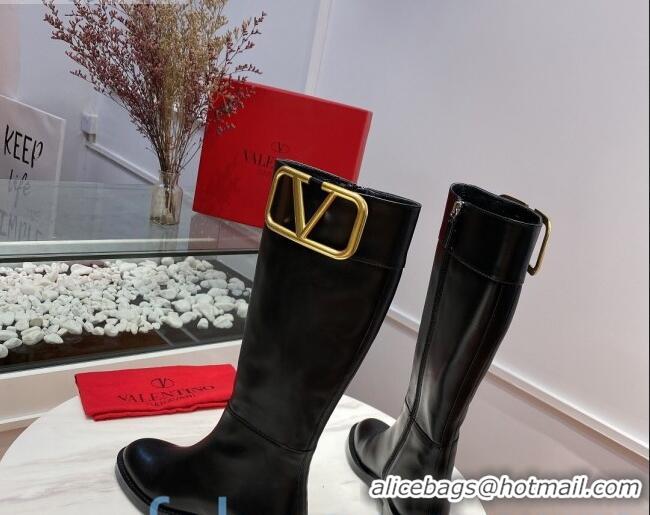 Best Design Valentino Supervee VLogo Calfskin Flat High Boots 082742 Black/Gold