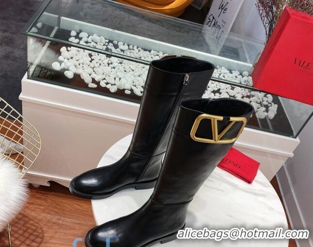 Best Design Valentino Supervee VLogo Calfskin Flat High Boots 082742 Black/Gold