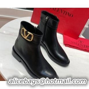 Good Product Valentino Supervee VLogo Calfskin Flat Ankle Boots 082743 Black/Gold