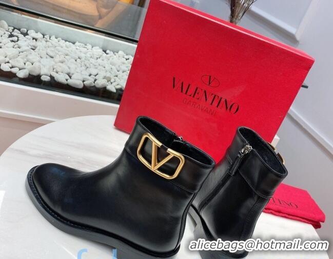 Good Product Valentino Supervee VLogo Calfskin Flat Ankle Boots 082743 Black/Gold