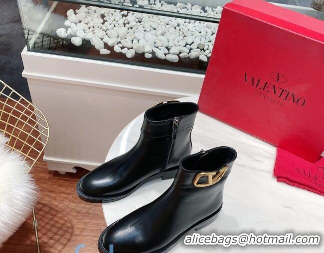 Good Product Valentino Supervee VLogo Calfskin Flat Ankle Boots 082743 Black/Gold