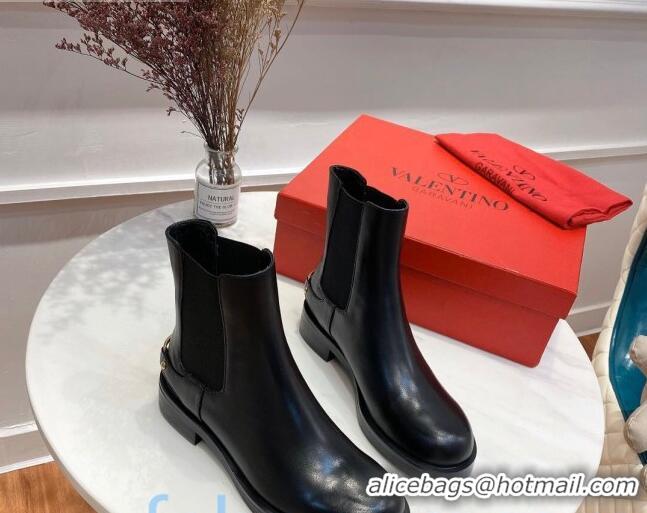 Perfect Valentino Supervee VLogo Calfskin Flat Chelsea Ankle Boots 082744 Black