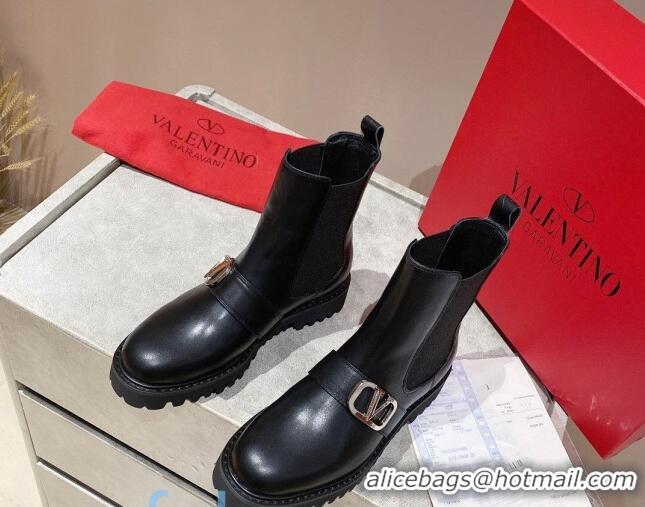 Shop Valentino VLogo Band Calfskin Flat Ankle Boots 082745 Black/Silver