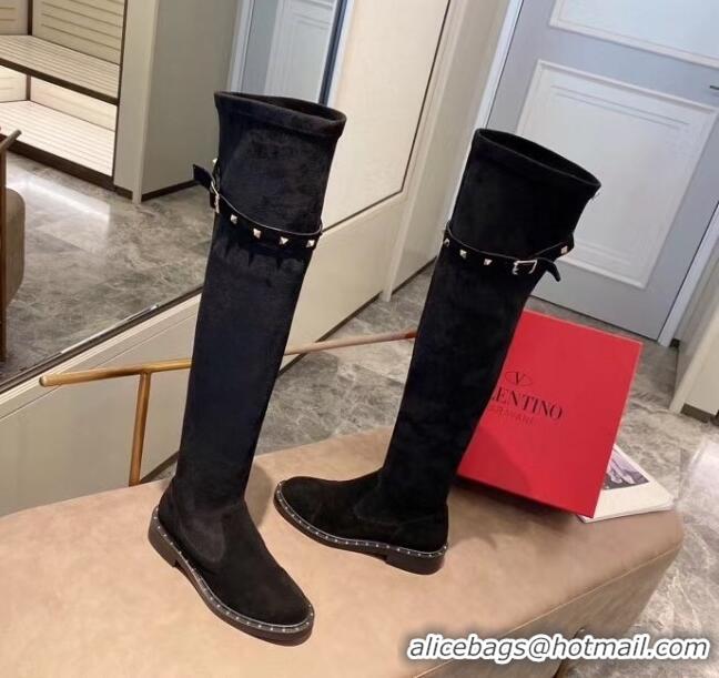 Grade Design Valentino Rockstud Suede Over Knee High Boots 082746 Black