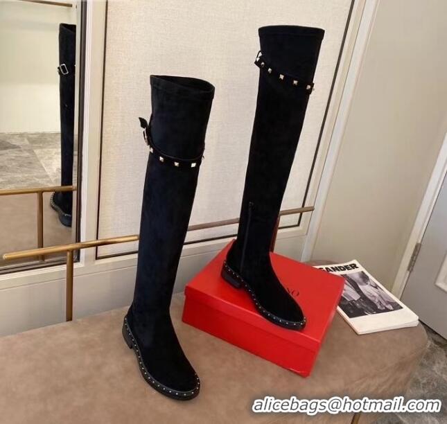 Grade Design Valentino Rockstud Suede Over Knee High Boots 082746 Black