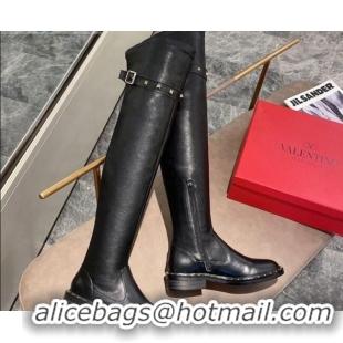 Unique Grade Valentino Rockstud Calfskin Over Knee High Boots 082747 Black