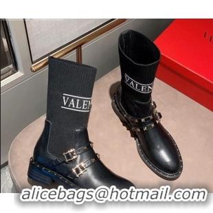 New Style Valentino Rockstud Belt Calfskin Knit Ankle Boots 082748 Black