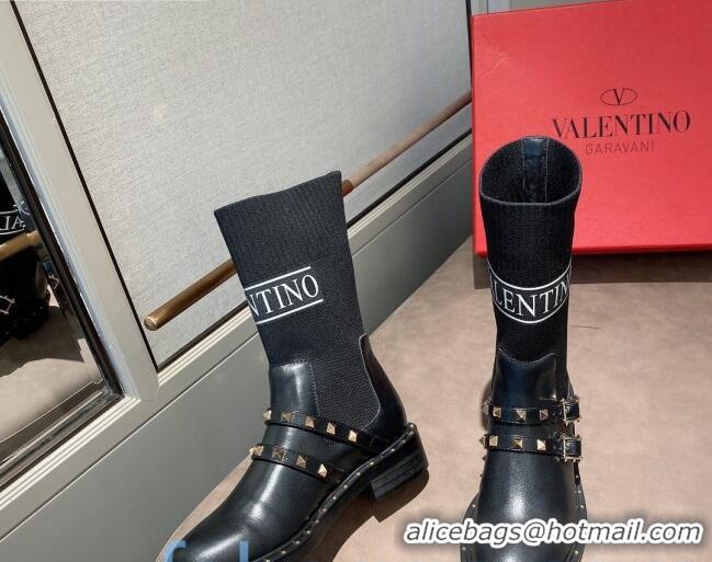 New Style Valentino Rockstud Belt Calfskin Knit Ankle Boots 082748 Black