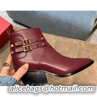 Affordable Price Valentino Calfskin VLTN Rockstud Strap 50mm Short Boots Burgundy 091050