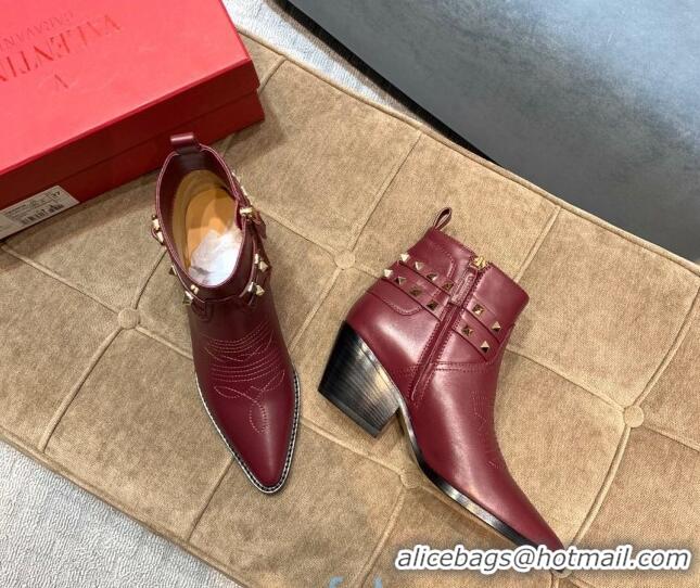 Affordable Price Valentino Calfskin VLTN Rockstud Strap 50mm Short Boots Burgundy 091050