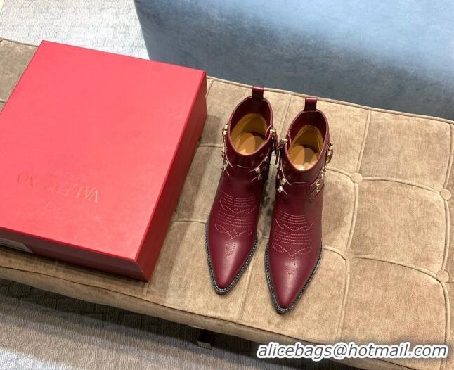 Affordable Price Valentino Calfskin VLTN Rockstud Strap 50mm Short Boots Burgundy 091050