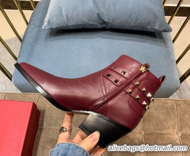 Affordable Price Valentino Calfskin VLTN Rockstud Strap 50mm Short Boots Burgundy 091050