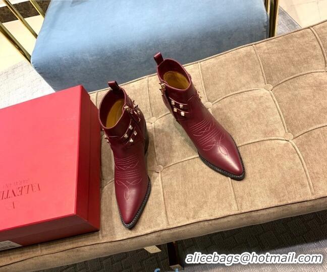 Affordable Price Valentino Calfskin VLTN Rockstud Strap 50mm Short Boots Burgundy 091050