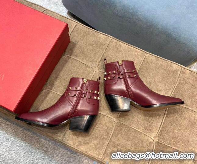 Affordable Price Valentino Calfskin VLTN Rockstud Strap 50mm Short Boots Burgundy 091050