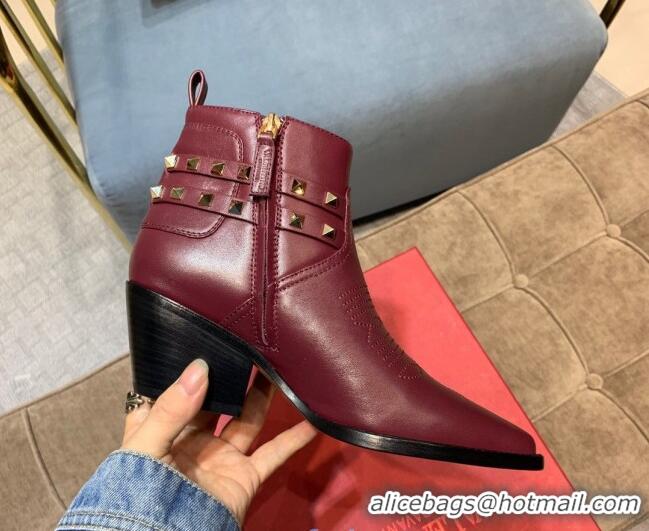 Affordable Price Valentino Calfskin VLTN Rockstud Strap 50mm Short Boots Burgundy 091050