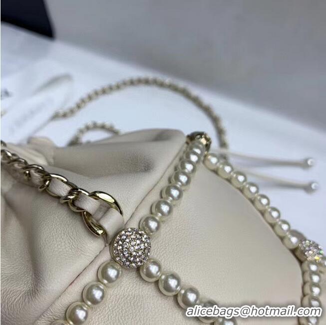 Super Quality Chanel drawstring bag Lambskin & Gold Metal AS2388 white