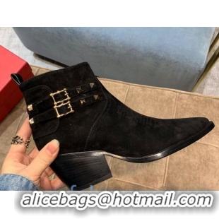 Classic Hot Valentino Suede VLTN Rockstud Strap Short Boots 091053 Black