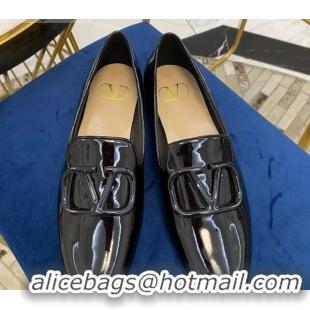 Top Sale Valentino Garavani VLogo Patent Leather Flat Loafers 092258 Black