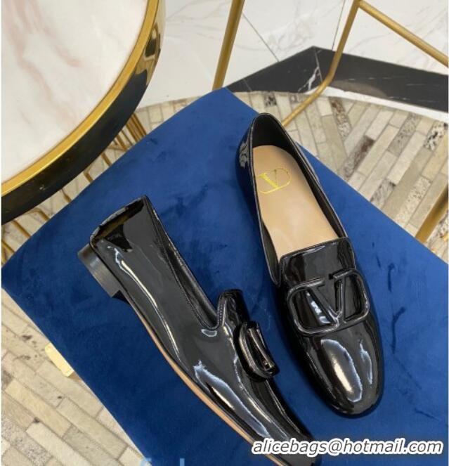 Top Sale Valentino Garavani VLogo Patent Leather Flat Loafers 092258 Black