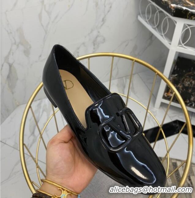 Top Sale Valentino Garavani VLogo Patent Leather Flat Loafers 092258 Black