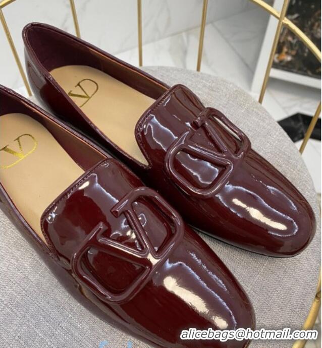 Best Luxury Valentino Garavani VLogo Patent Leather Flat Loafers 092258 Burgundy